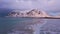 Skagsanden Beach and Mountains in Winter. Lofoten Islands, Norway. Aerial View