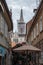 Skalinska ulica street with people passing by crowded restaurants, cafes, bars catering facilities in front of Zagreb cathedral