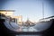 Skate ramp field with beautiful architecture and blue sky background