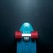 Skateboard with blue deck and red wheels on black background with copy-space top view. Concept of sport lifestyle, culture, leisur