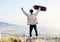 Skateboard, freedom and mountains with man cheering for fitness, sports and adventure. Happiness, commitment and