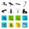 Skateboard, oxygen tank for diving, jumping, hockey skate.Extreme sport set collection icons in black,flet style vector