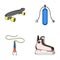 Skateboard, oxygen tank for diving, jumping, hockey skate.Extreme sport set collection icons in cartoon style vector