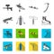 Skateboard, oxygen tank for diving, jumping, hockey skate.Extreme sport set collection icons in monochrome,flat style