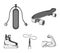 Skateboard, oxygen tank for diving, jumping, hockey skate.Extreme sport set collection icons in monochrome style vector