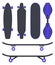 Skateboard types, set. Different skateboards in the same colours. Skateboards top view and side view. Vector illustration in flat
