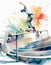 A skateboarder grinds a rail, vibrant watercolor splashes enhance the dynamic urban scene