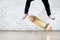 Skateboarder performing skateboard trick - kick flip on concrete. Olympic athlete practicing jump on white background, preparing