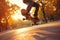 a skateboarder performing a trick in a city park, showcasing youth and freedom