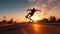 a skateboarder performing a trick in mid-air during golden hour, AI Generated