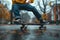 Skateboarder rolling down wet street on skateboard deck