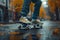 Skateboarder rolling on wet asphalt with skateboard deck