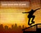 Skateboarder silhouette over abstract background with space for