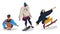 Skateboarders friends riding. Young people having fun, training, jumping and doing a tricks. Funny cartoon characters. Isolated on