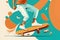 Skateboarding concept: legs in white pants and sneakers and orange skateboard on blue background. Generative AI