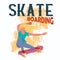 Skateboarding. The young beautyful girl with golden hair on pink skateboard does a trick. Vector illustration.