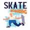 Skateboarding. Young guy with golden hair on skateboard does a trick in a jump. Vector illustration.