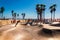 Skatepark at world famous Venice Beach. The Skate Board Park with its concrete ramps and palm trees is very famous and popular.