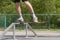 Skater doing tailside on fun-box in skatepark