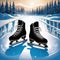 Skates standing on ice, winter atmosphere, lake