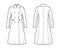 Skating coat technical fashion illustration with tabs, double breasted, long sleeves, round collar, A-line silhouette