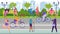 Skating cyclists in park near roadway, useful outdoor sports, people relax in city parkland, cartoon style vector