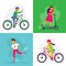 Skating kids. Children ride bike, rollerblades and scooter. Rollerblading childrens, friends riding together vector illustration