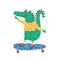 Skating little crocodile flat vector illustration. Smiling alligator, small cartoon crocodylus riding skateboard. Cute