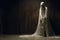a skeleton figure draped in white fabric, standing in a dimly lit room