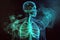 a skeleton with glowing green smoke coming out of it\\\'s back and back end of its body, in a black bac