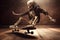 Skeleton in jacket with hood rides skateboard, summer sport skate, brown background. Generative AI