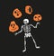 Skeleton juggles pumpkins. Greeting card for Halloween. Cute and funny vector design