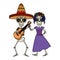 Skeleton of katrina and mariachi playing guitar characters