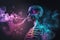 a skeleton is smoking a cigarette in a smoke filled room with colorful smoke and bubbles on a black background with a pink and