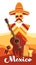 Skeleton Wear Mexican Traditional Sombrero Clothes With Guitar Over Desert Background Banner