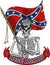 Skeleton wearing confederate cap and flag, banner with text rise again