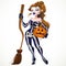 Skeleton witch girl Halloween Character with a pumpkin and broom