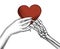 The skeletons hand gives a a red heart to the female hand.