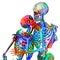 Skeletons of man and woman in the pose of lovers in multicolored abstract style illustration Isolated on white