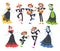 Skeletons in Mexican Traditional Costumes Dancing and Playing Music Instruments Set, Day of the Dead Cartoon Style