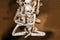 Skeletons in a row doing yoga with one foot up under their arms sitting in a orangish brown blurred background