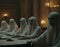 Skeletons in White Robes at a Dark Table, AI Generated