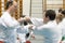 Skelleftea, Sweden - February 7, 2011. Shotokan Karate practice with Sensei, Robin Nyholm and Tero Nyholm. Self defense techniques