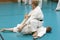 Skelleftea, Sweden - February 7, 2011. Shotokan Karate practice with Sensei, Robin Nyholm and Tero Nyholm. Self defense techniques