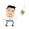 Skeptical businessman standing in front of a hook with money