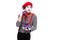 skeptical mime talking by ultra violet retro stationary telephone