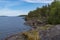 Skerry of Ladoga. Stony lake shore on Great Ladoga Trail. Leningrad region. Russia