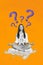 Sketch artwork 3d poster collage of thoughtful questioned girl thinking sitting sky practicing yoga isolated on painted