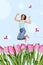 Sketch artwork trend composite image 3d collage photo of excited lady jump up in air with butterflies under spring
