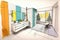 sketch of bathroom with modern fixtures, sleek tile, and pops of color